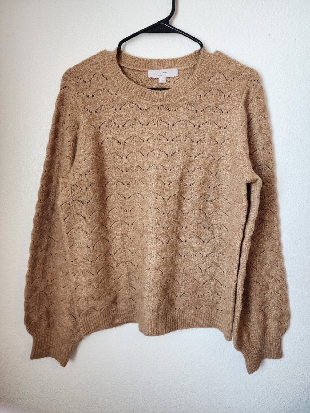 Loft Pointelle Scallop Knit Pullover Sweater Camel Tan M Neutral Minimalist - Picture 2 of 8
